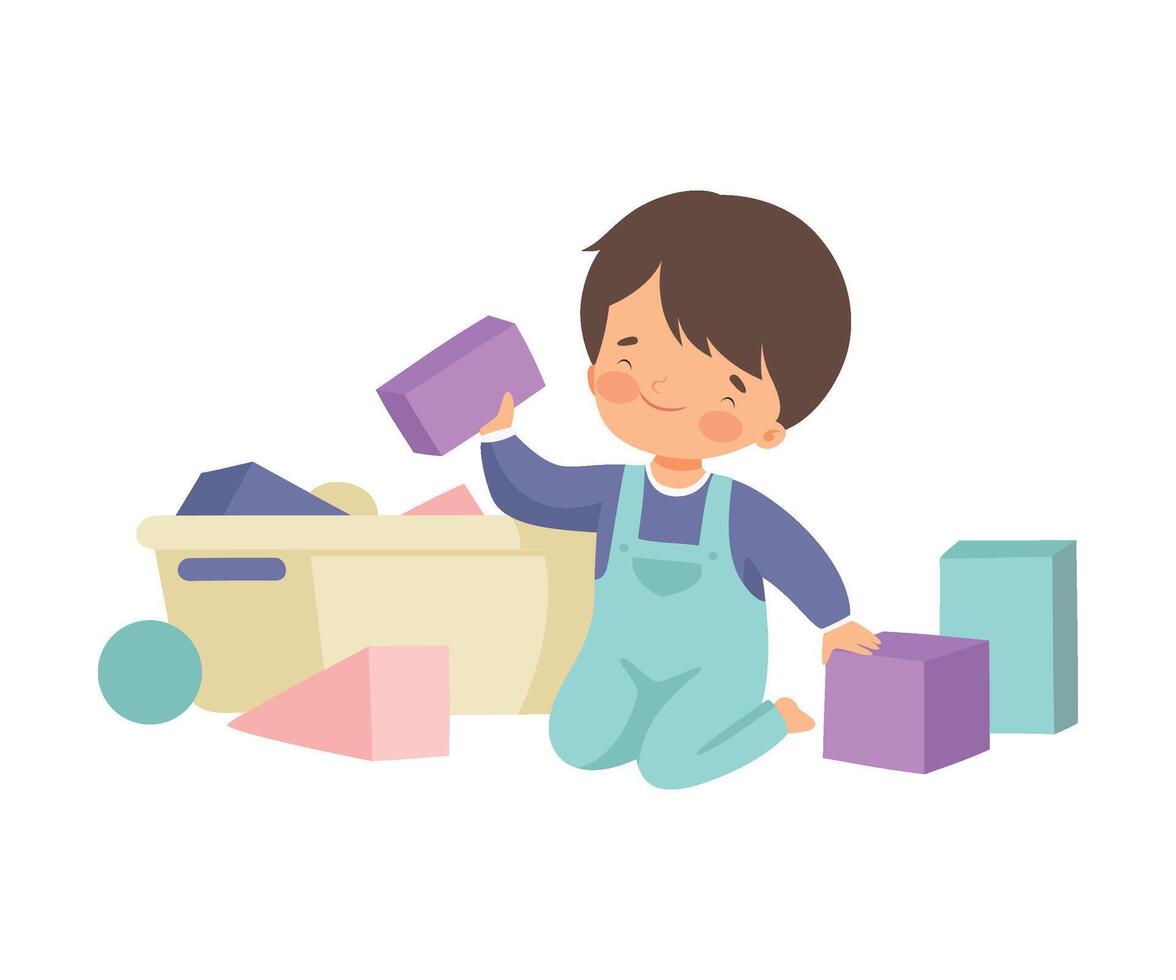 Cute Boy Sitting on Floor and Cleaning Up His Toys, Kid Doing Housework Chores at Home Illustration vector