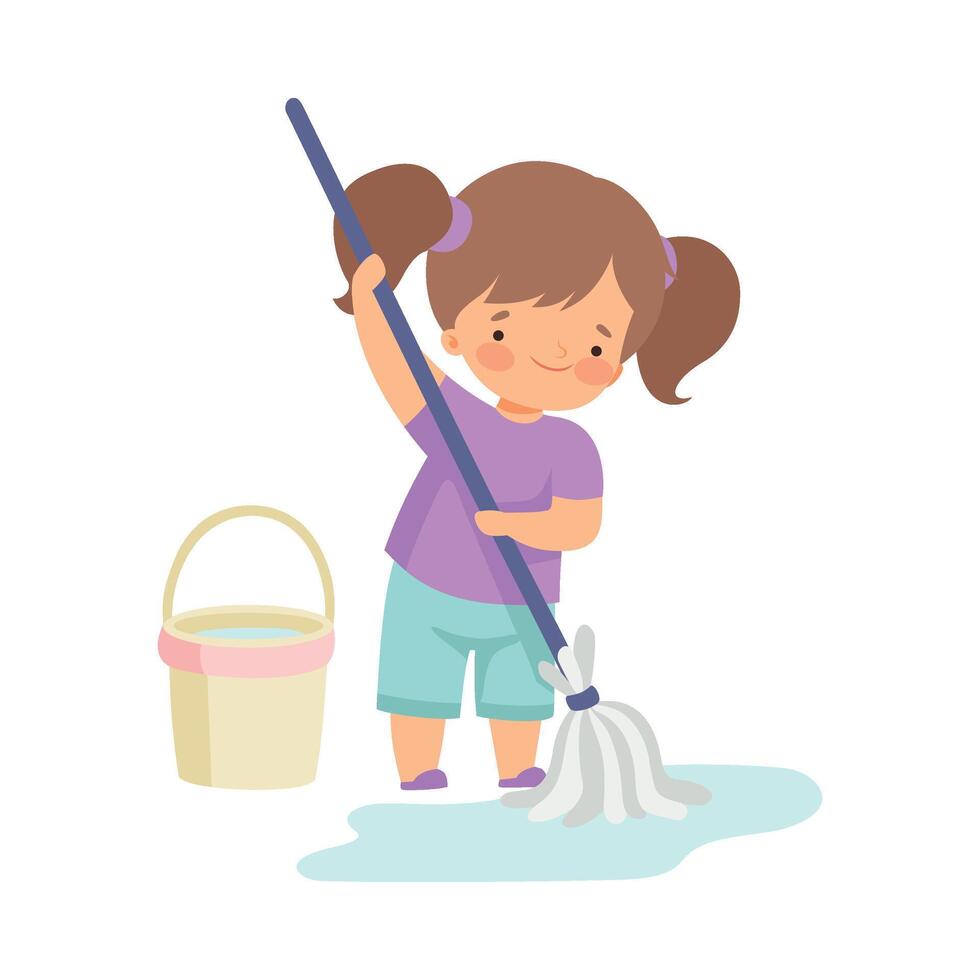 Cute Girl Washing the Floor with Bucket and Mop, Adorable Kid Doing Housework Chores at Home Illustration vector