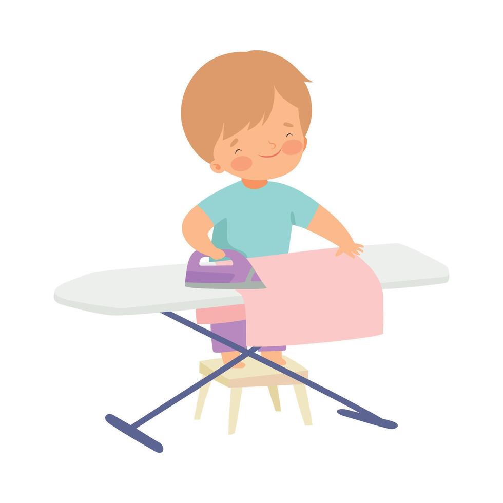 Cute Boy Ironing Clothes on Board, Adorable Kid Doing Housework Chores at Home Illustration vector