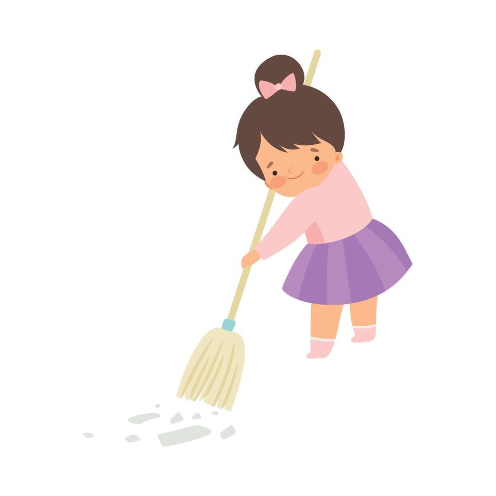 Cute Brunette Little Girl Sweeping the Floor with Broom at Home, Adorable Kid Doing Housework Chores at Home Illustration vector