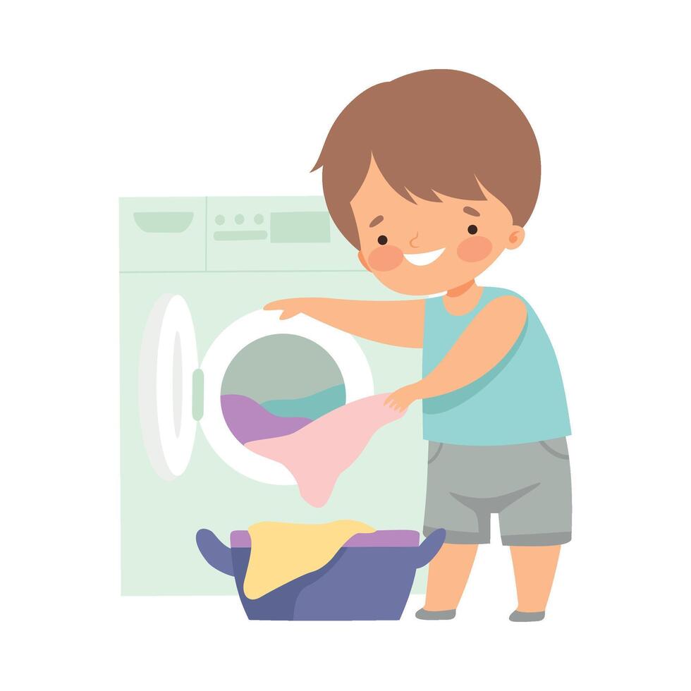 Cute Little Boy Washing Clothes with Washing Machine, Adorable Kid Doing Housework Chores at Home Illustration vector