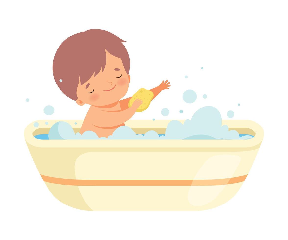 Boy Washing Himself with Sponge in Bathtub Full of Foam, Adorable Little Kid in Bathroom, Daily Hygiene Illustration vector