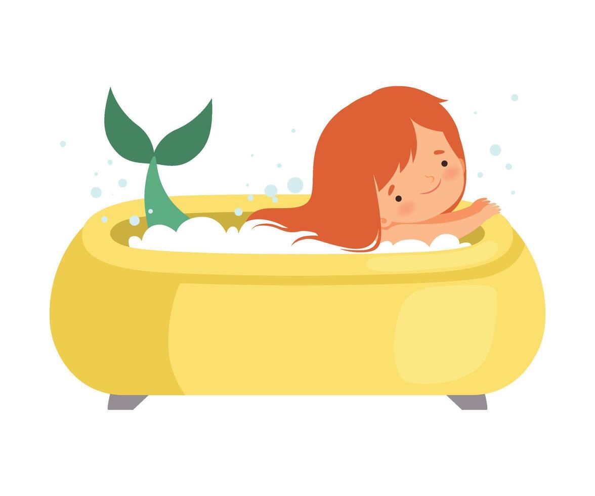Cute Red Haired Little Girl with Tail of Mermaid Taking Bath and Playing with Lifebuoy, Adorable Kid in Bathroom, Daily Hygiene Illustration vector