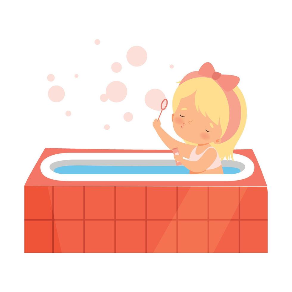 Cute Girl Taking Bath and Playing with Soap Bubbles, Adorable Little Kid in Bathroom, Daily Hygiene Illustration vector