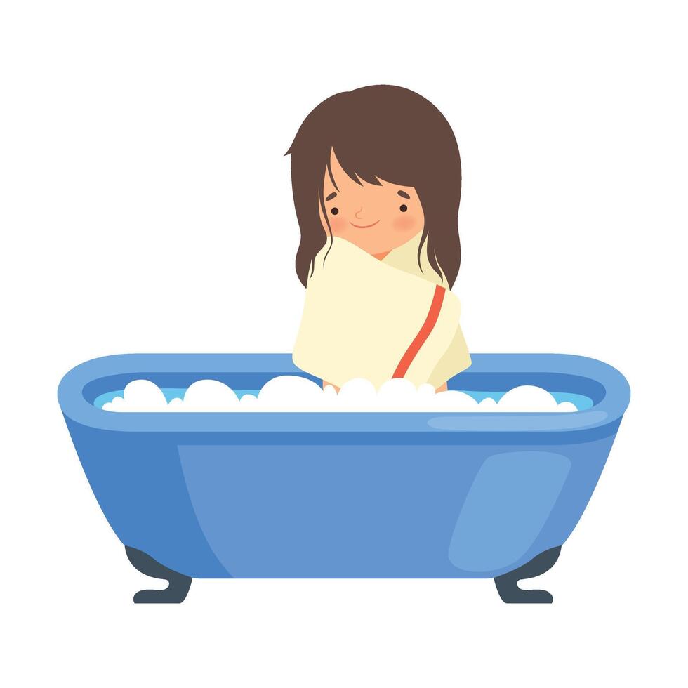 Smiling Little Girl After Bath Wrapped in Towel, Adorable Child Taking Bath in Bathtub Full of Foam in Bathroom, Daily Hygiene Illustration vector