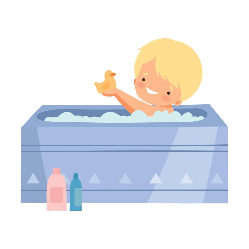 Little Boy Taking Bath and Playing with Yellow Rubber Duck in Bathtub Full of Foam, Adorable Kid in Bathroom, Daily Hygiene Illustration vector