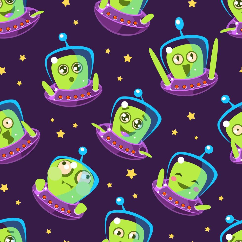 Cute Funny Alien in Spaceship Seamless Pattern, Design Element Can Be Used for Wallpaper, Packaging, Background Illustration vector
