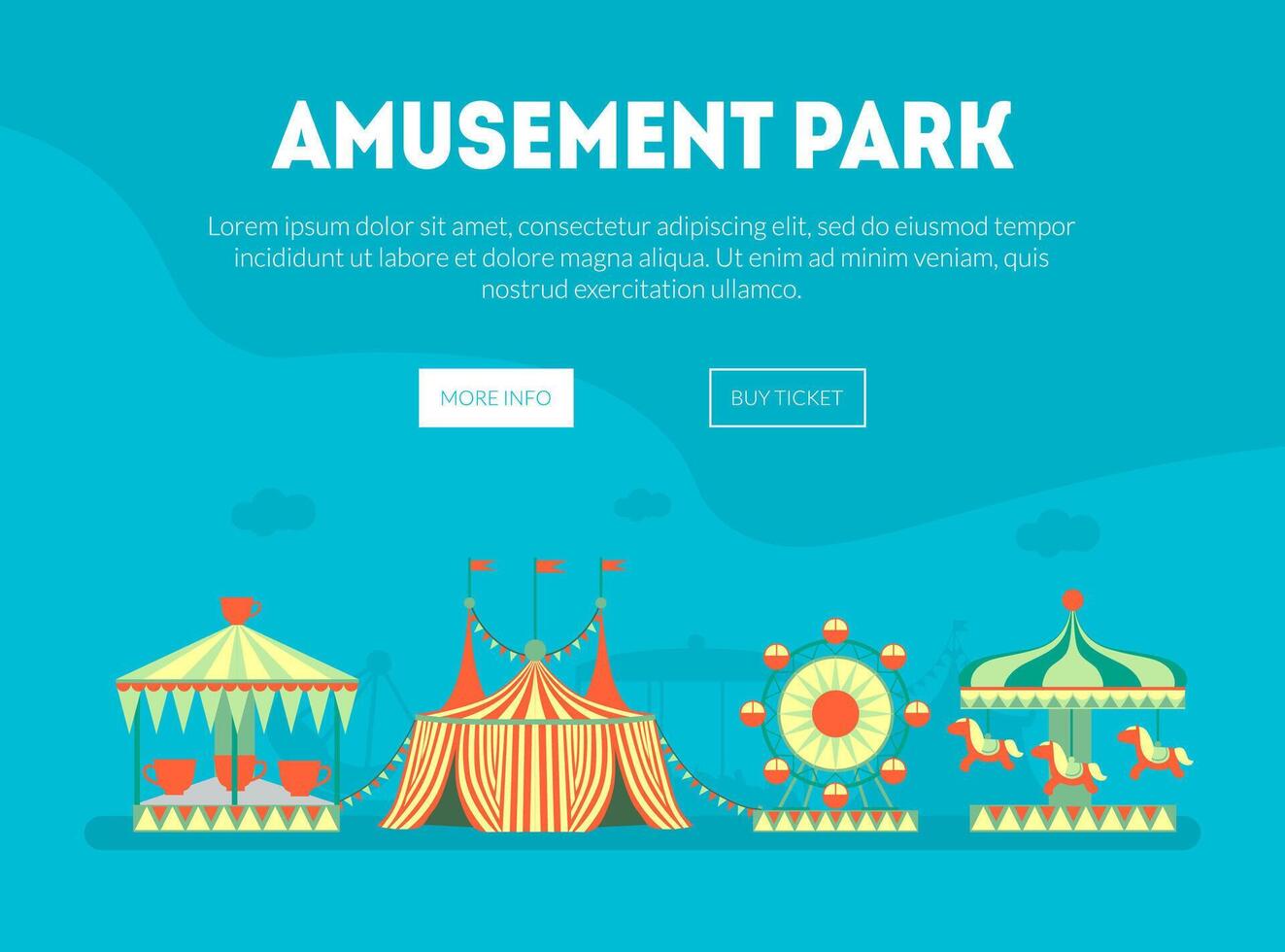 Amusement Park Landing Page Template, Carnival Funfair Banner with Carousels, Ferris Wheel, Circus Tent and Place for Text Illustration vector