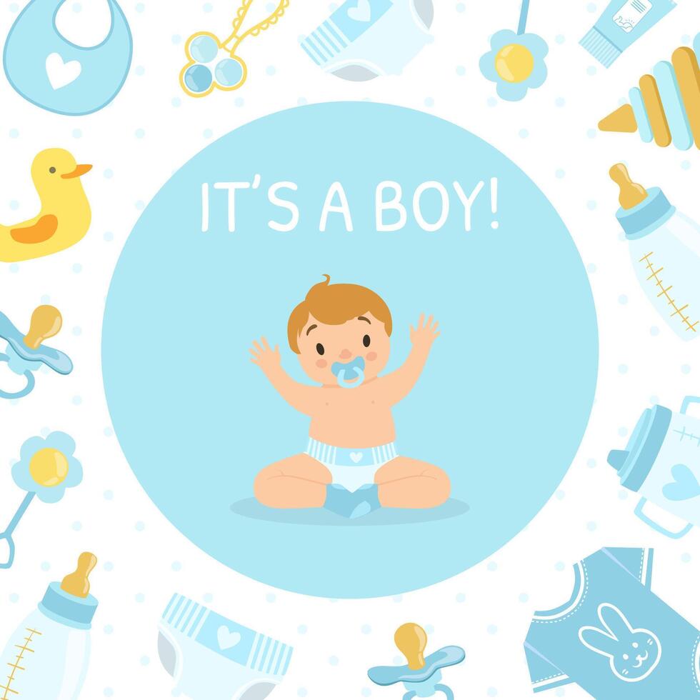 Its Boy, Baby Shower Invitation Banner Template, Light Blue Card with Cute Little Boy and Newborn Baby Symbols Seamless Pattern Illustration vector