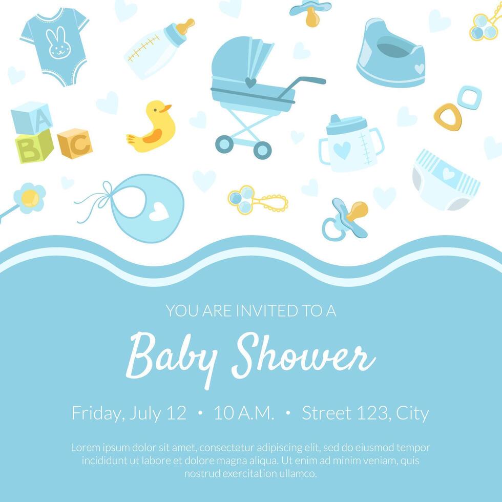 Baby Shower Invitation Banner Template, Light Blue Card with Newborn Baby Symbols Seamless Pattern and Place for Text Illustration vector