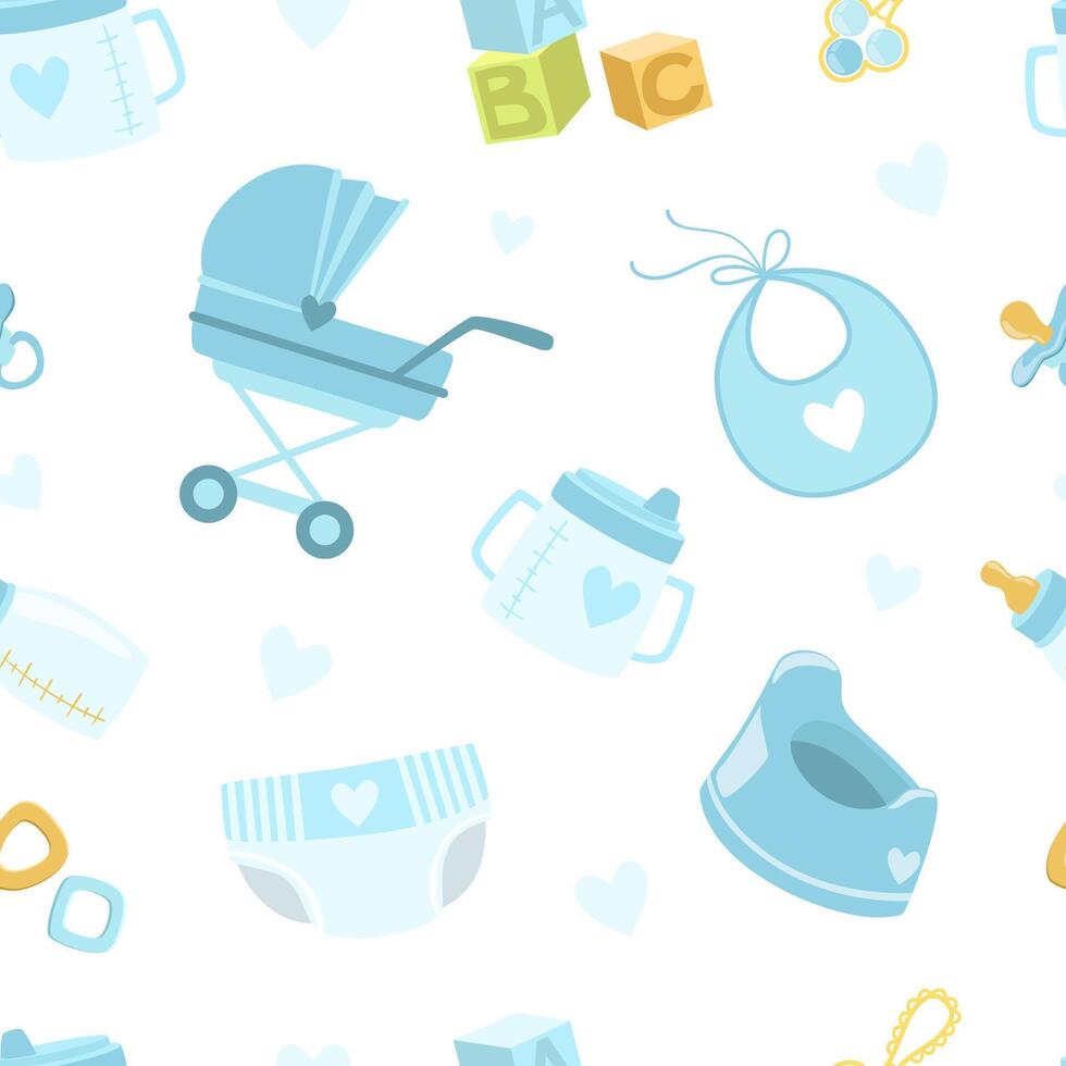 Baby Boy Shower Seamless Pattern, Newborn Baby Symbols Design Element Can Be Used for Wallpaper, Packaging, Background Illustration vector