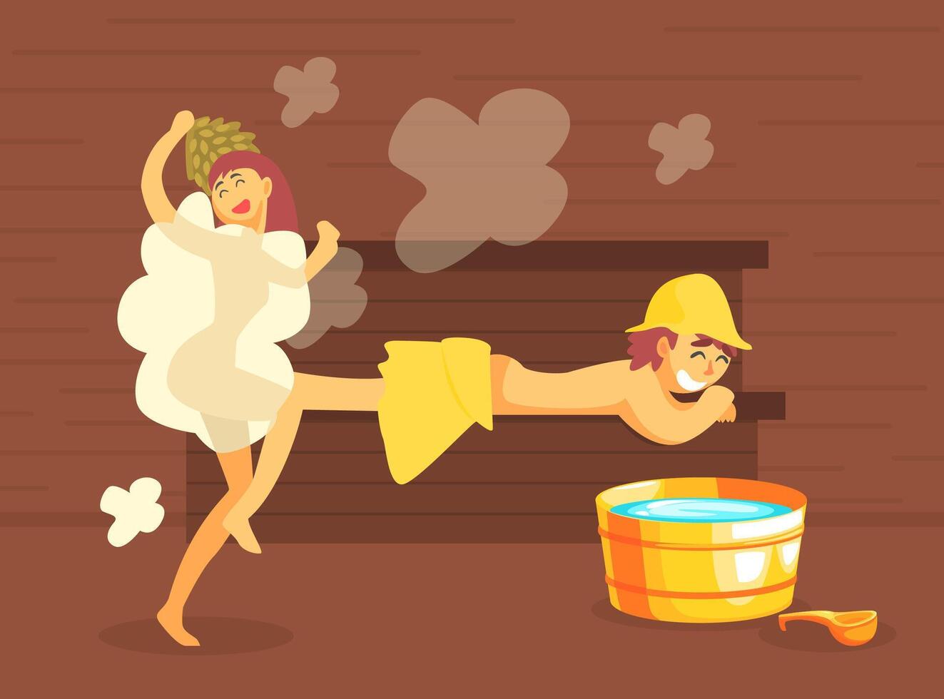 Man and Woman Bathing in Wooden Bathhouse or Sauna Full of Steam, Girl Washing Her Body Illustration vector