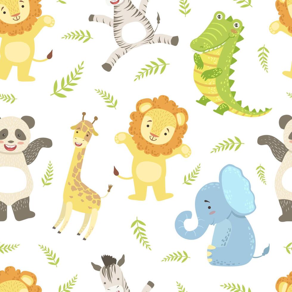 Cute African Animals Childish Seamless Pattern, Giraffe, Lion, Elephant, Crocodile, Panda bear, Zebra, Design Element Can Be Used for Wallpaper, Packaging, Background Illustration vector