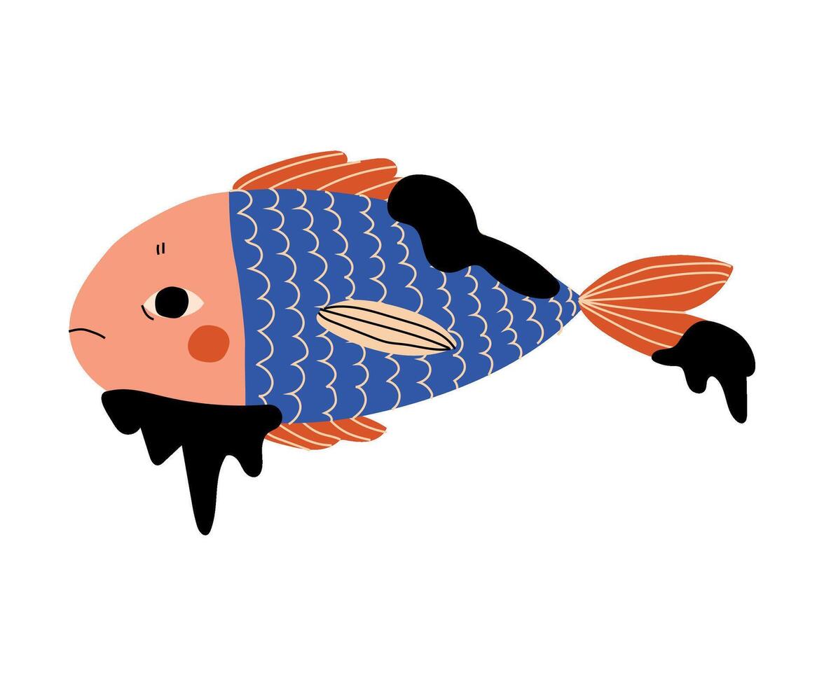 Fish Stained with Oil Waste, Ecological Disastrous Problem, Pollution of Water with Oil, Toxic Waste and Chemicals Illustration vector
