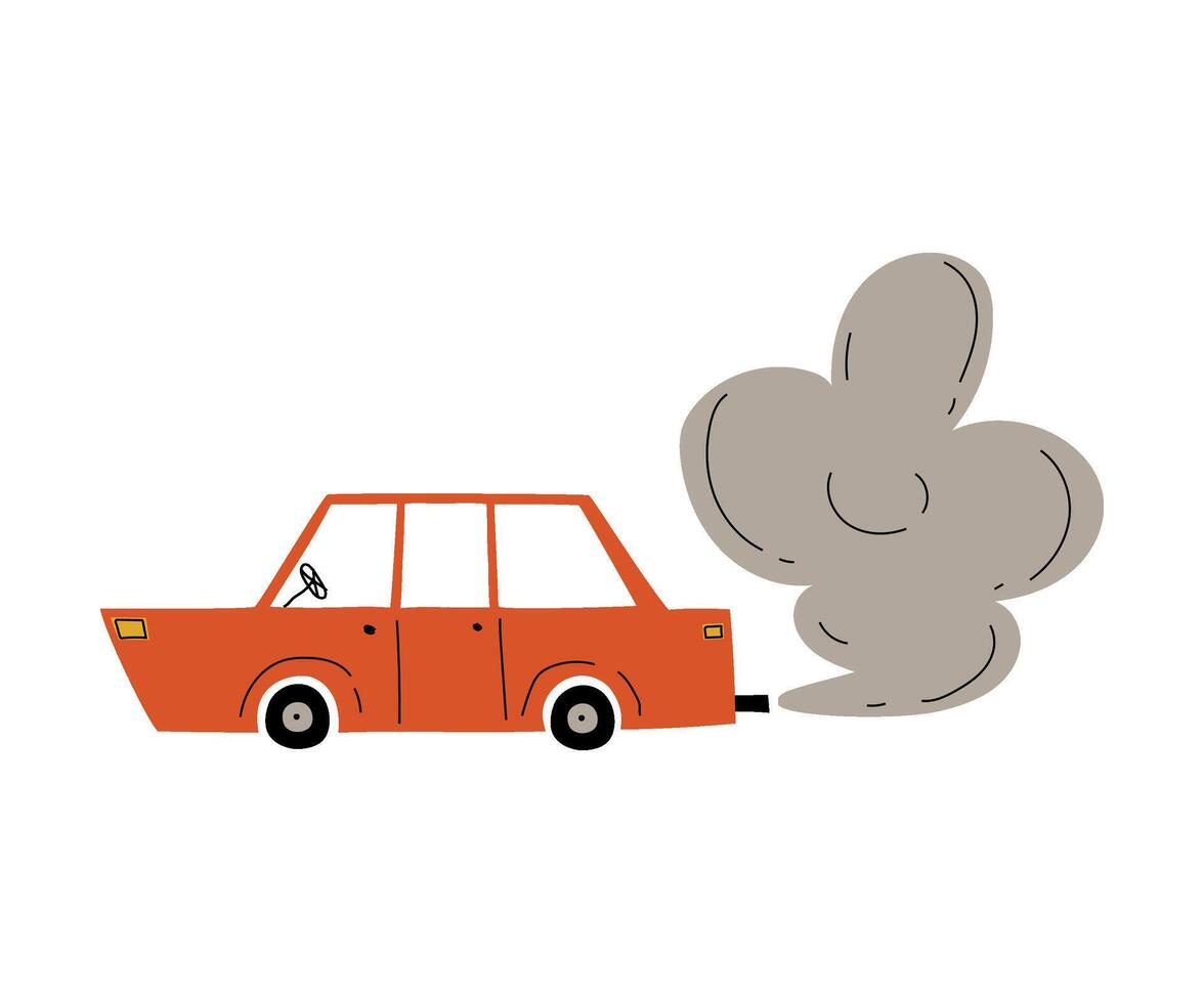Red Car with Exhaust Smoke Cloud, Ecological Problem, Air Pollution Illustration vector
