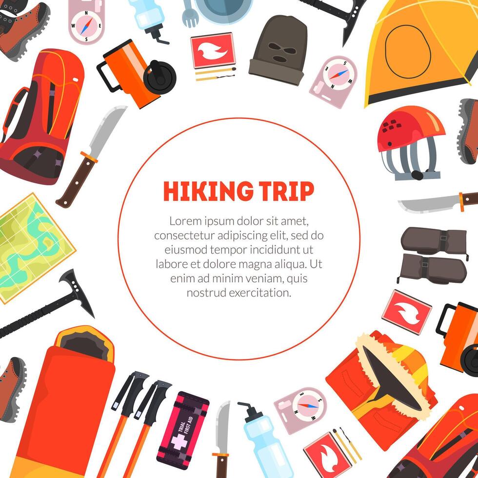 Hiking Trip Banner Template with Place for Text and Expedition Equipment Pattern, Camping and Mountaineering Accessories Illustration vector