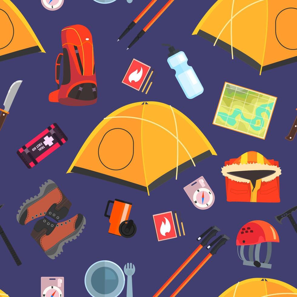 Expedition Equipment Seamless Pattern, Camping and Mountaineering Accessories, Design Element Can Be Used for Wallpaper, Packaging, Background Illustration vector