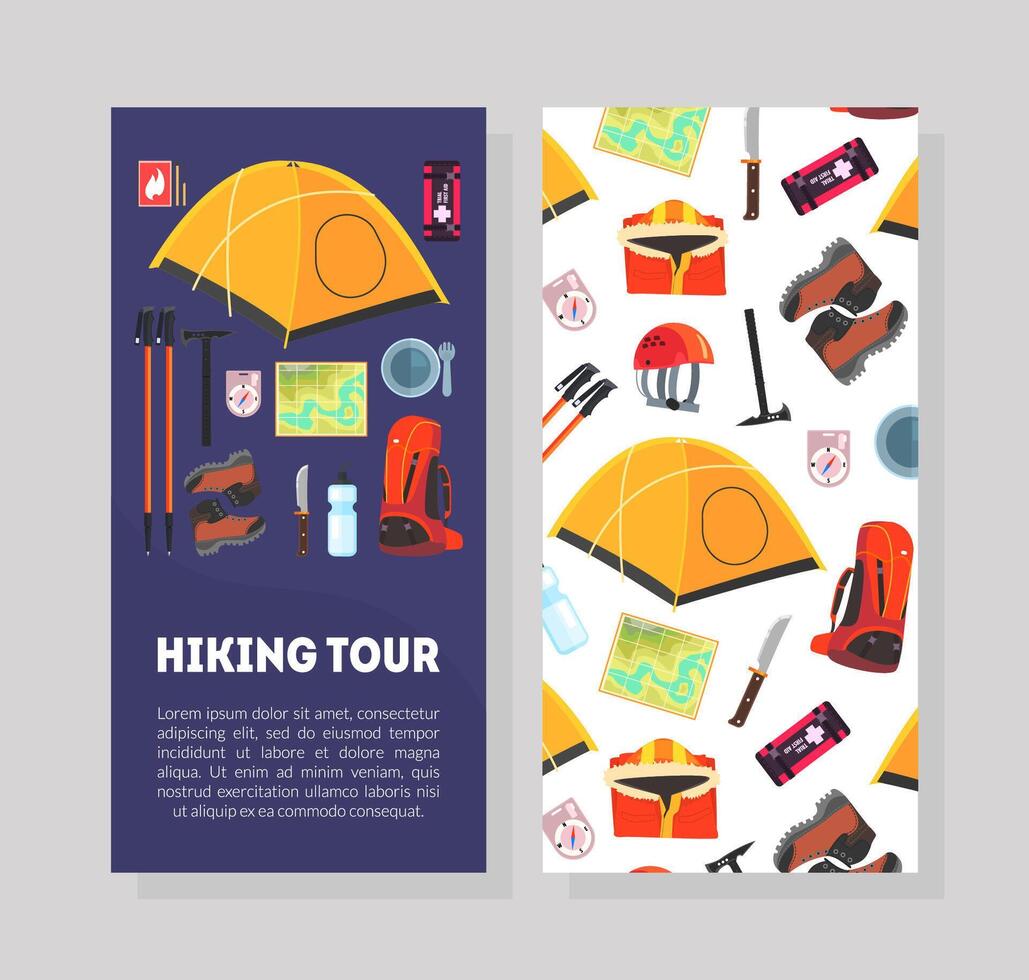Hiking Tour Card Template with Place for Text and Expedition Equipment Pattern, Hiking, Camping and Mountaineering Accessories Illustration vector