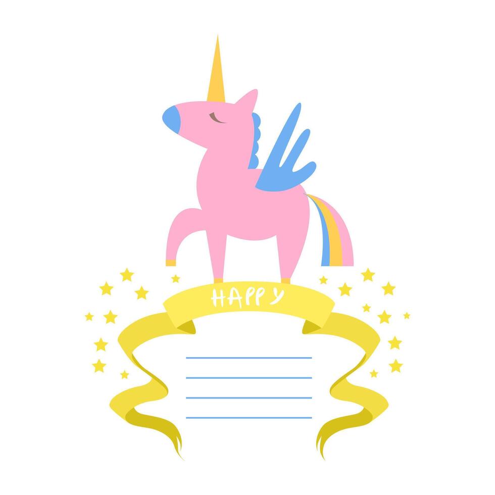 Beautiful Unicorn Card Template with Place For Text, Birthday Invitation, Banner, Poster, Brochure, Kids Party Design Element Illustration vector