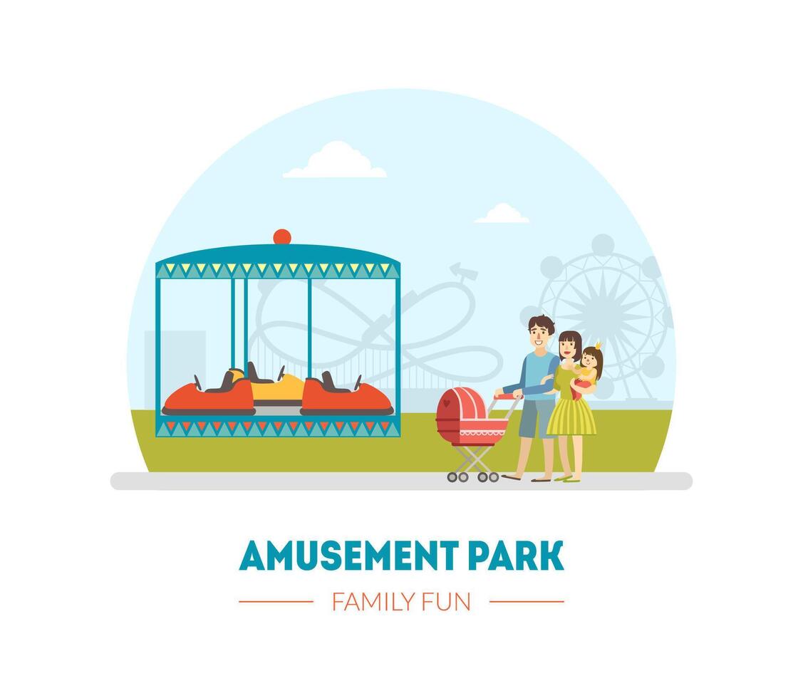 Amusement Park, Family Fun Banner Template, Parents and Their Little Kids Relaxing and Walking in Park Illustration vector