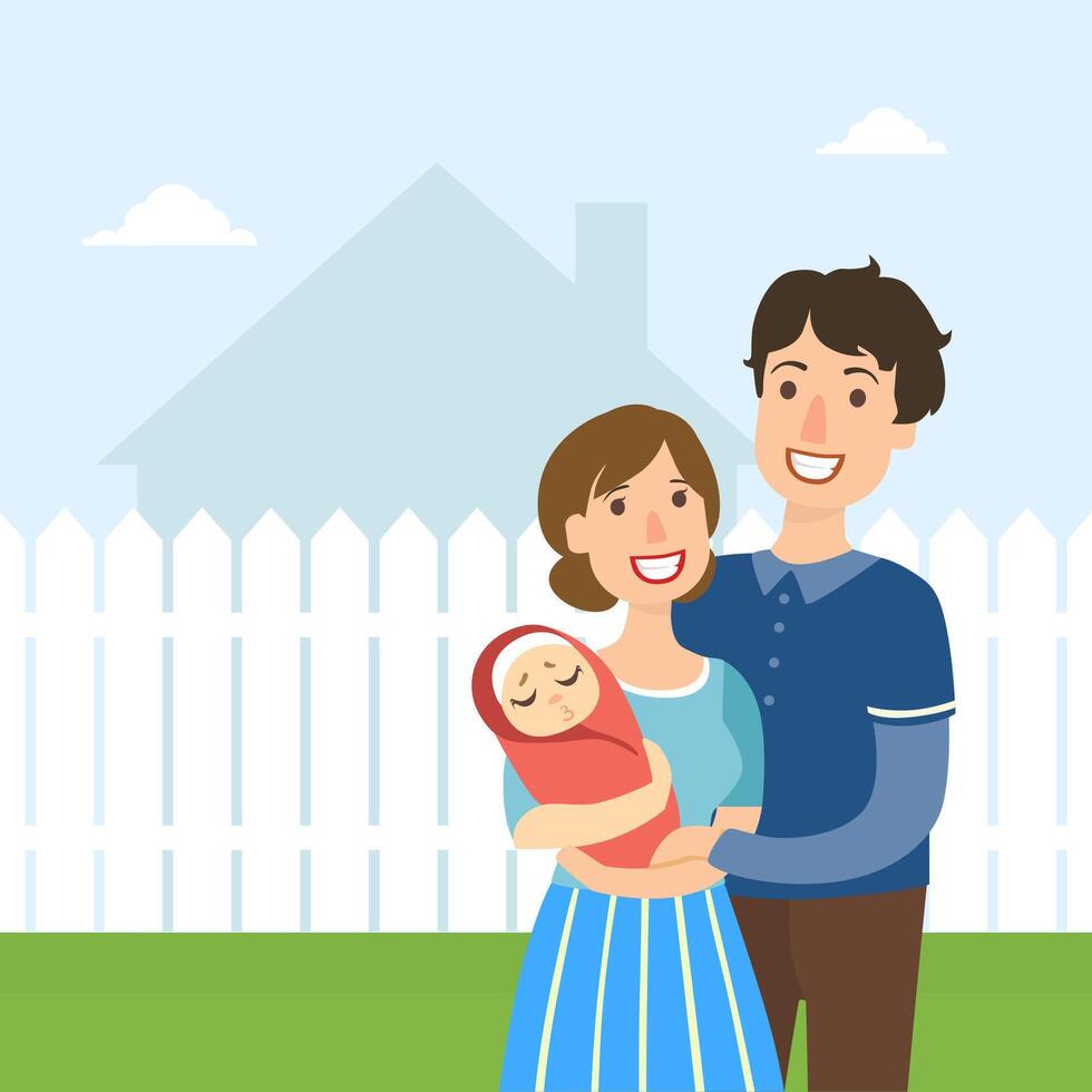 Young Happy Family with Newborn Baby Standing Outside in Front of Fence and House Illustration vector