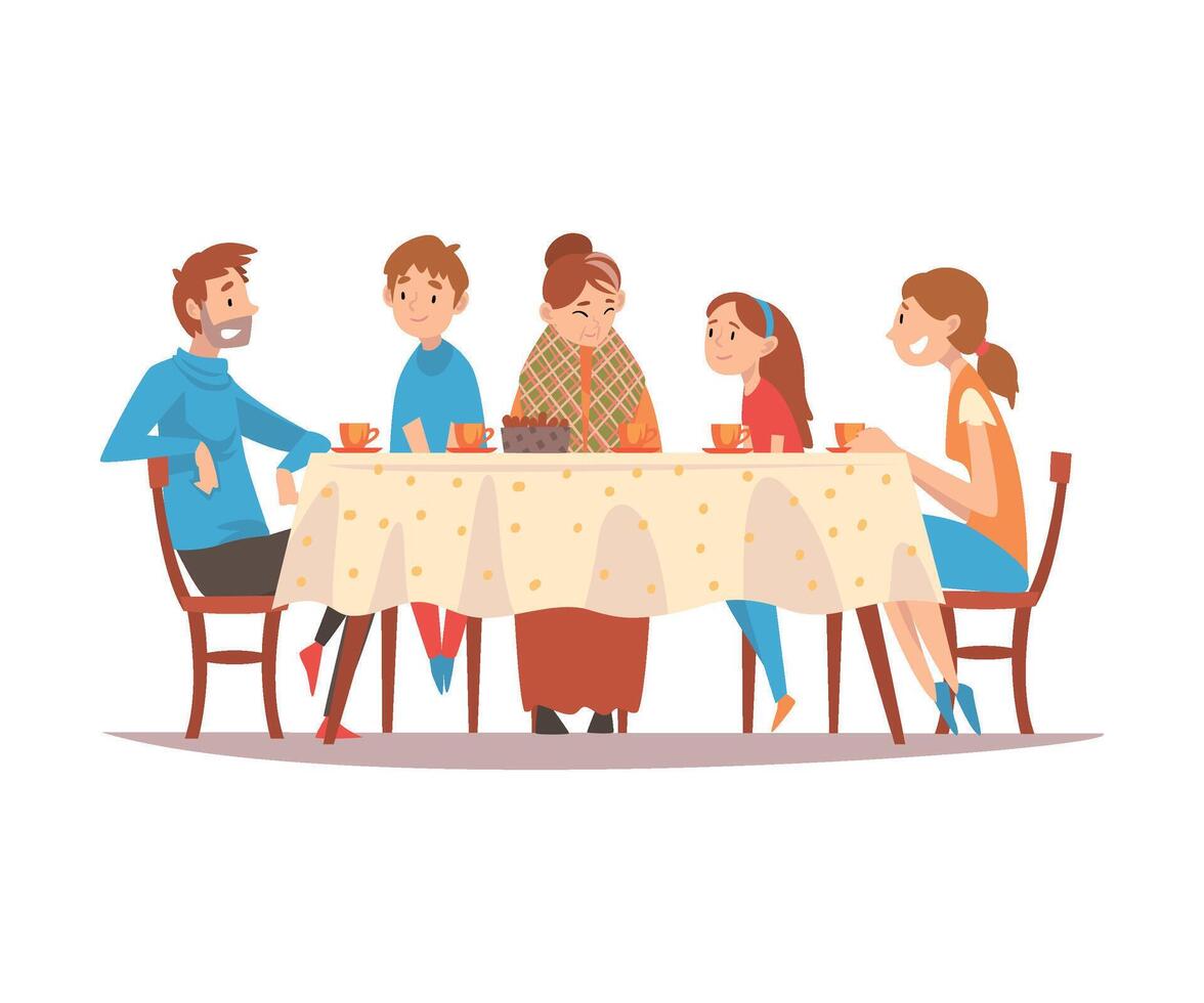 Family Sitting at Kitchen Table, Drinking Tea and Talking to Each Other, Happy Parents, Grandmother and Children Eating Together Illustration vector