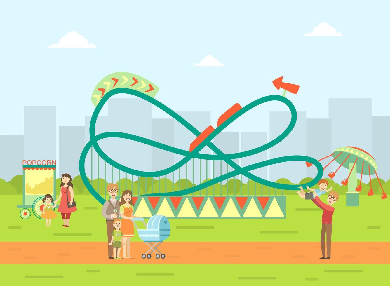 Amusement Park Landscape, Parents and Their Kids Relaxing and Walking in Nature Illustration vector