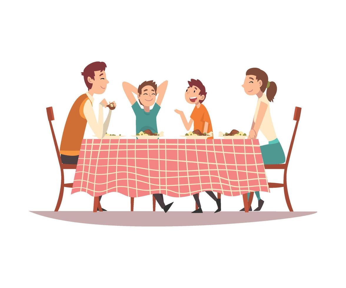 Family Sitting at Kitchen Table with Red Checkered Tablecloth, Happy Parents and Children Eating and Talking to Each Other Illustration vector