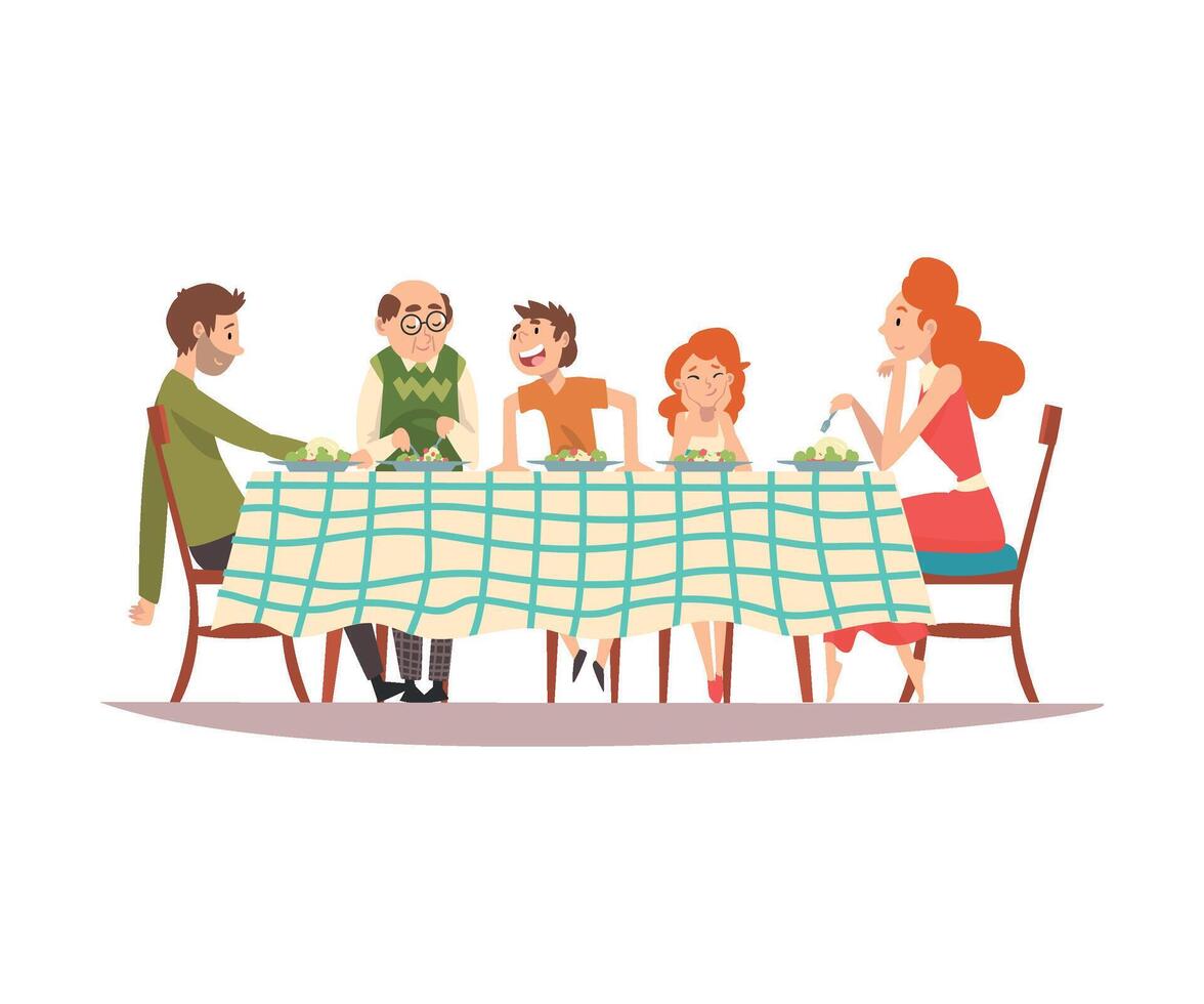 Big Family Sitting at Kitchen Table with Checkered Tablecloth, Eating Food and Talking to Each Other, Happy Parents, Children and Grandfather Having Lunch Illustration vector