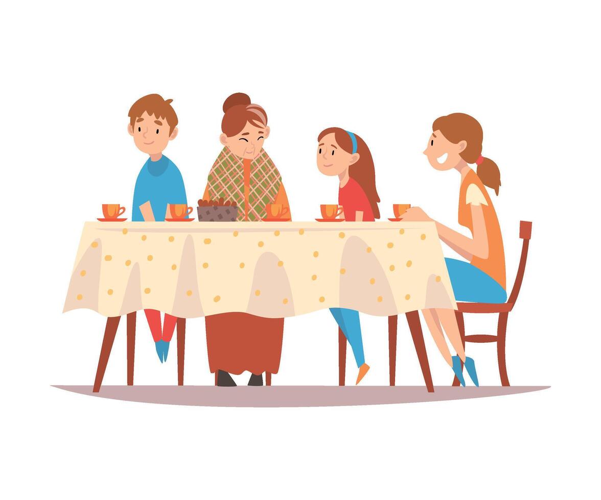 Happy Family Sitting at Kitchen Table, Drinking Tea and Talking to Each Other, Happy Mother, Grandmother and Children Eating Together Illustration vector