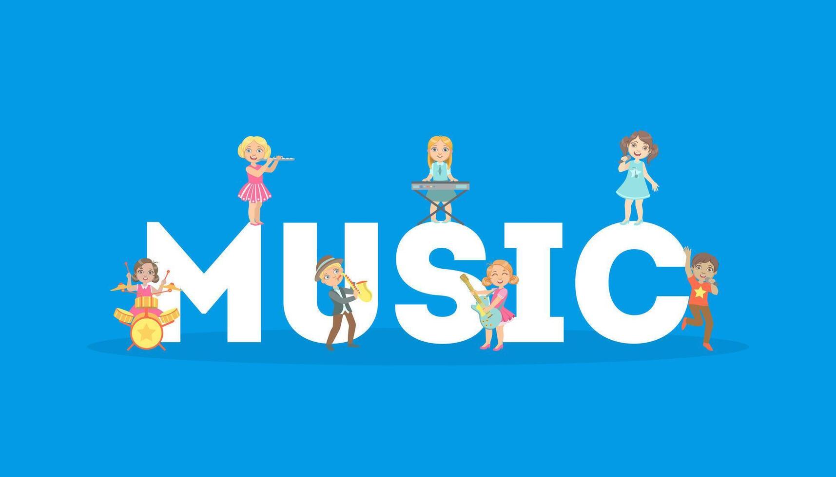 Music Word and Children Singing and Playing Music Instruments Illustration vector