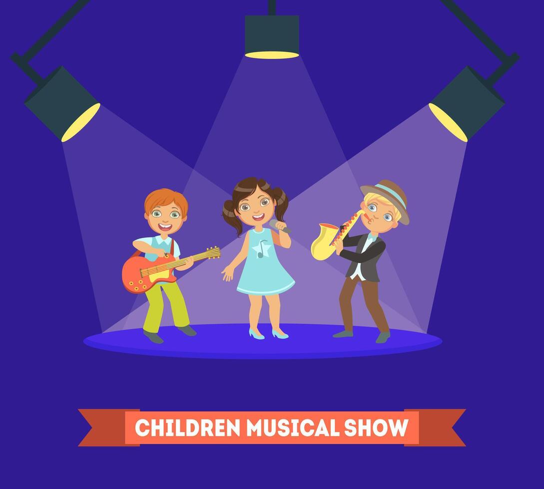 Children Musical Show Banner Template, Kids Performing on Stage, Boys and Girls Singing and Playing Music Instruments Illustration vector