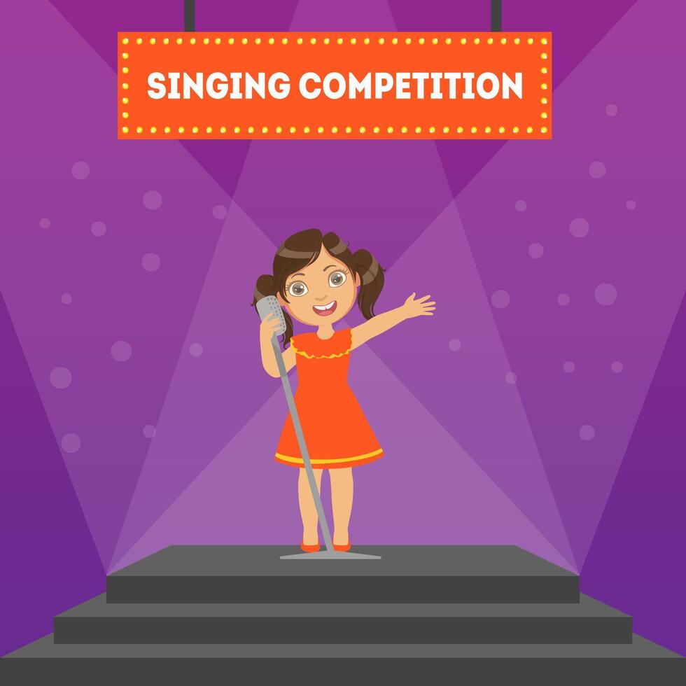 Singing Competition Banner Template, Girl Performing on Stage in Children Musical Show Illustration vector