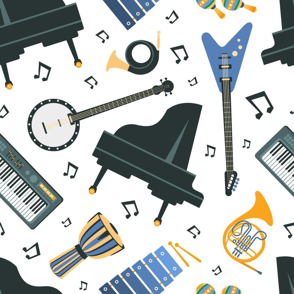 Musical instruments Seamless Pattern, Piano, Banjo, Guitar, French Horn, Trumpet, Synthesizer, Design Element Can Be Used for Textile, Wallpaper, Packaging, Background Illustration vector