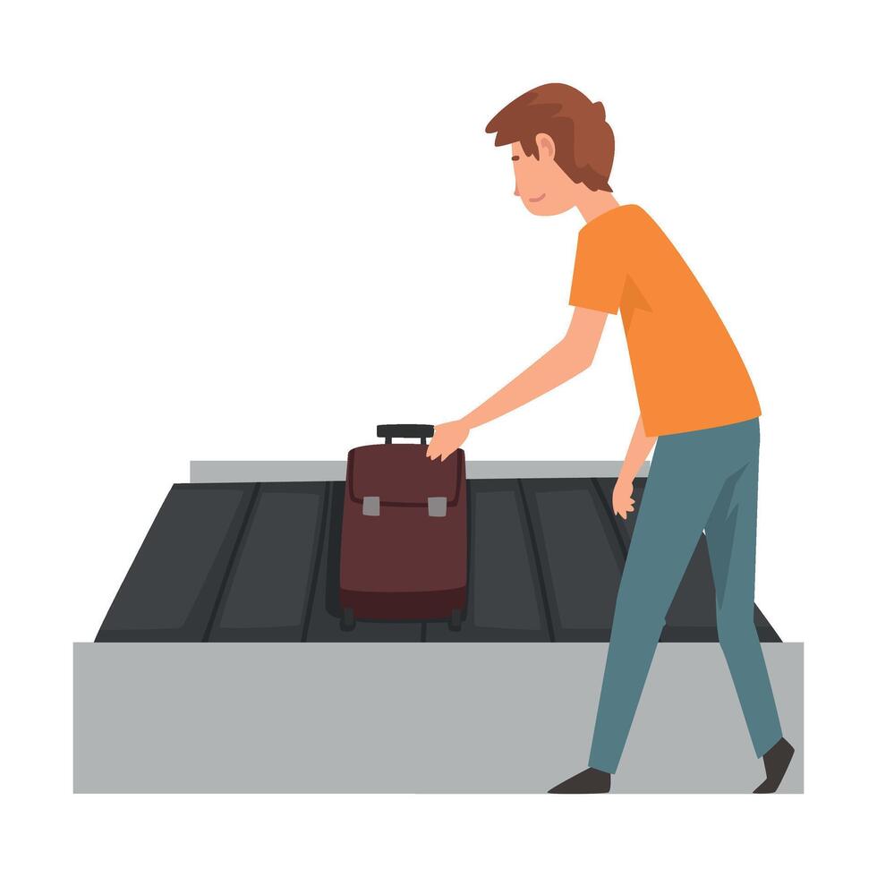 Young Man Picking Up His Suitcase on Luggage Conveyor Belt at Airport Illustration vector