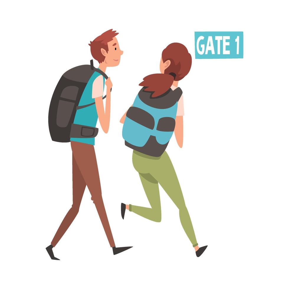 Young Man and Woman Running with their Backpacks to Catch Flight, Passengers in Hurry at Airport Illustration vector