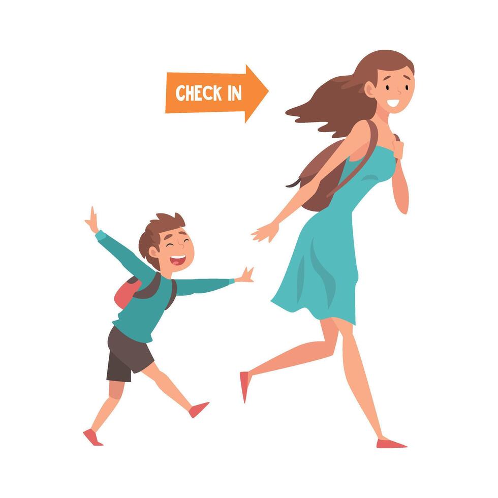 Mother and Her Son Running with their Bags to Catch Flight, Passengers in Hurry at Airport Illustration vector