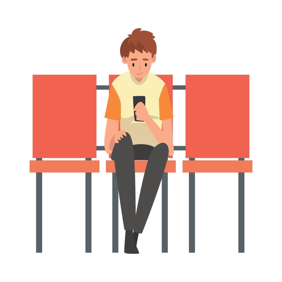 Teen Boy Waiting at Airport Terminal for Flight, Boy Sitting on Chair with Smartphone at Waiting Room Illustration vector