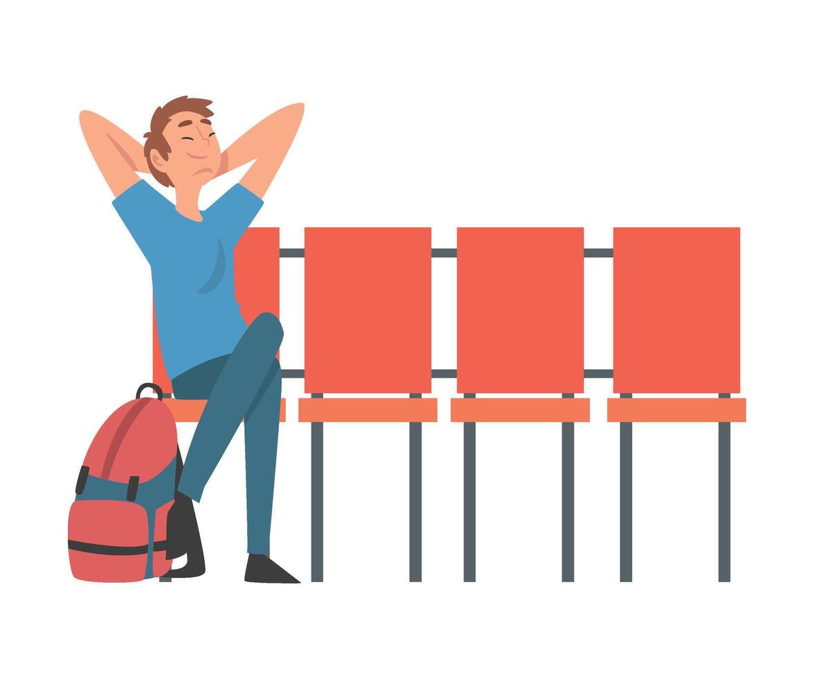 Young Man with Backpack Waiting at Airport Terminal for Flight Illustration vector