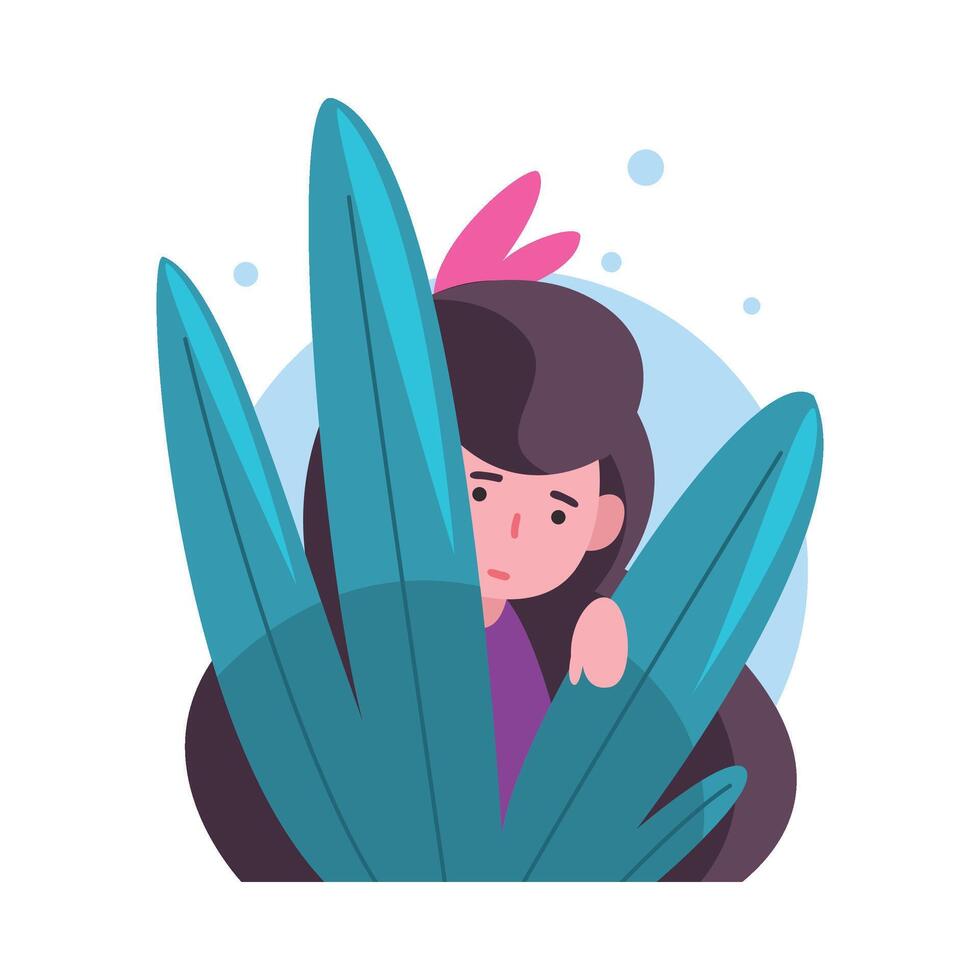 Cute Long Haired Brunette Girl Hiding in Bushes, Adorable Kid Peeking Out of Colorful Dense Grass, Bright Imaginary World Illustration vector