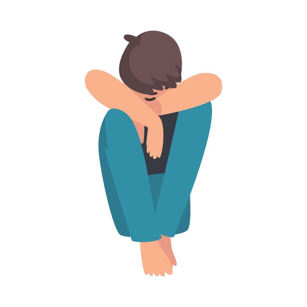 Depressed Boy Sitting on Floor Hugging His Knees, Unhappy Stressed Teenager, Lonely, Anxious, Abused Boy, Front View Illustration vector