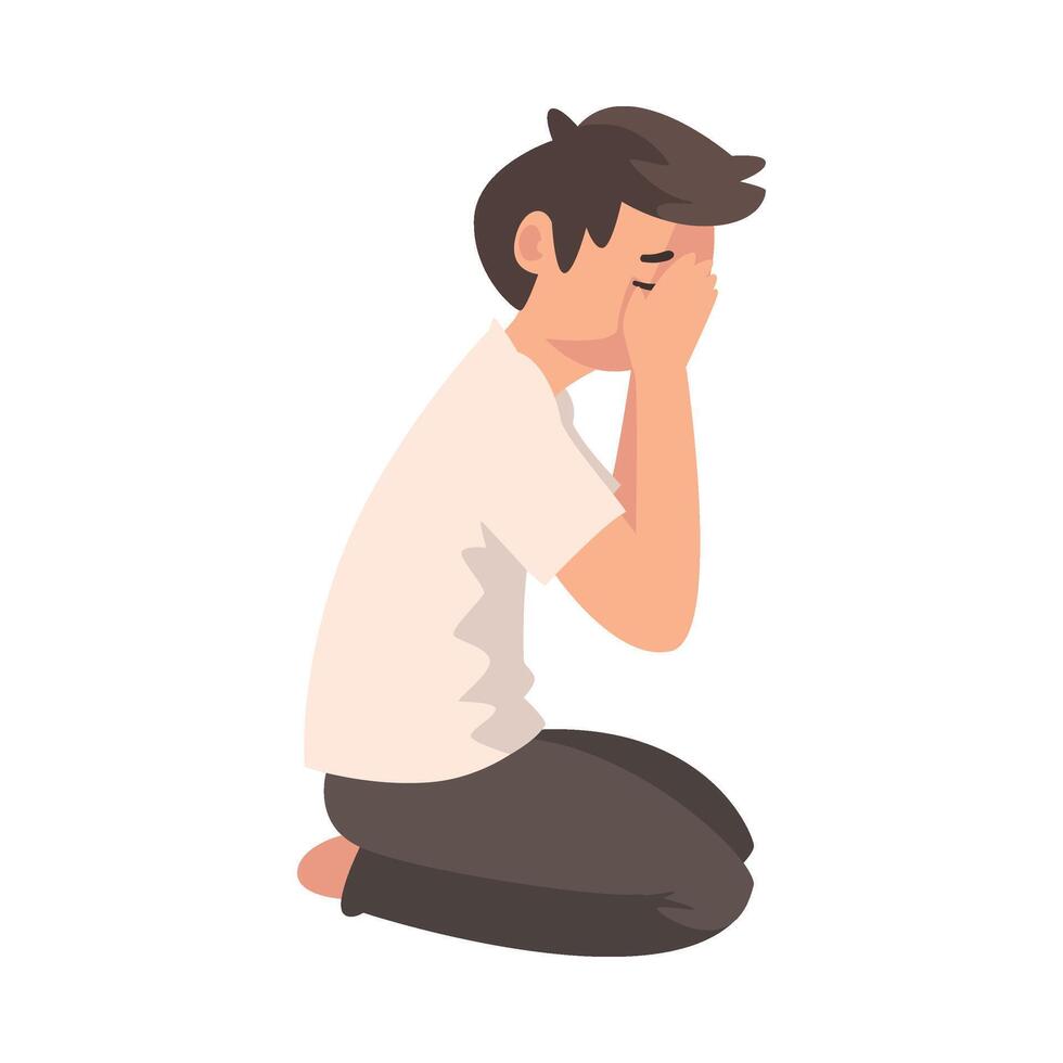 Unhappy Sad Boy Sitting on Floor and Closed Face by Hands, Depressed Teenager Having Problems Illustration vector