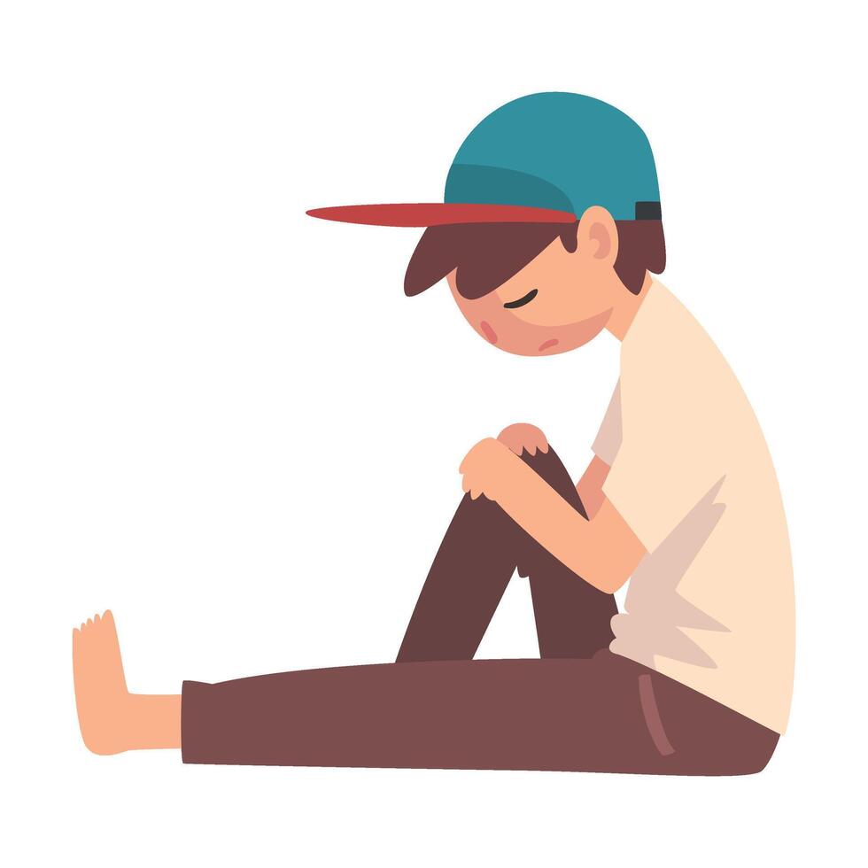 Depressed Boy Sitting on Floor, Unhappy Stressed Teenager, Lonely, Anxious, Abused Boy Illustration vector