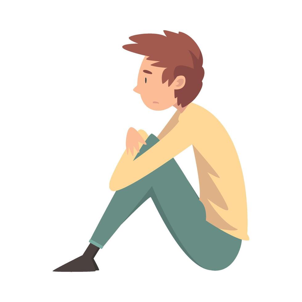 Unhappy Sad Boy Sitting on Floor, Depressed Teenager Having Problems, Side View Illustration vector