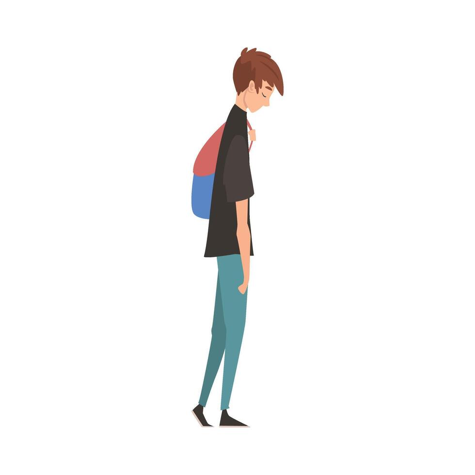 Unhappy Sad Guy Standing with Backpack, Depressed Teenager Having Problems, Stressed Student Illustration vector