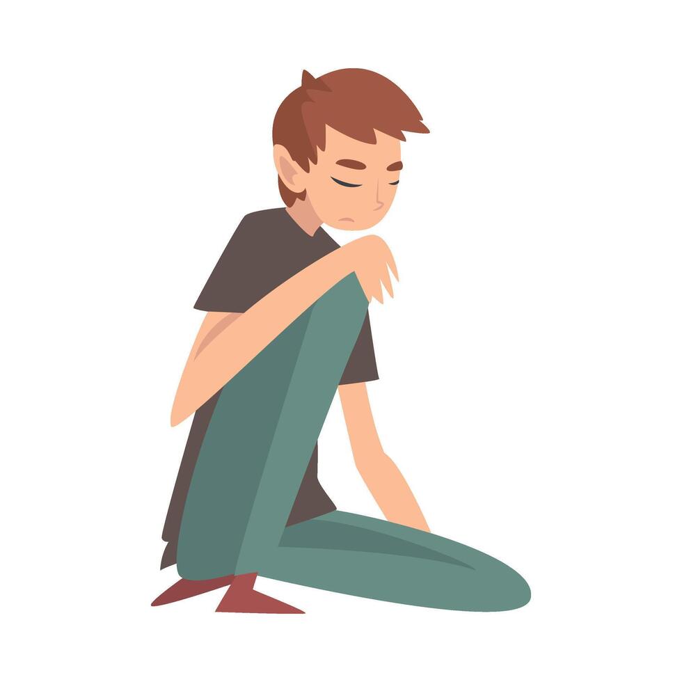 Unhappy Sad Boy Sitting on Floor, Depressed, Lonely, Anxious, Abused Teenager Having Problems Illustration vector
