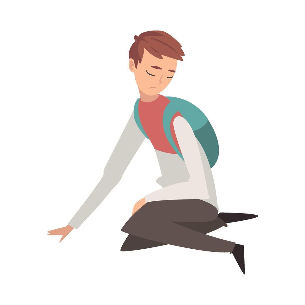 Unhappy Sad Boy Sitting on Floor, Depressed, Lonely, Anxious, Abused Teenager Having Problems, Stressed Student with Backpack Illustration vector