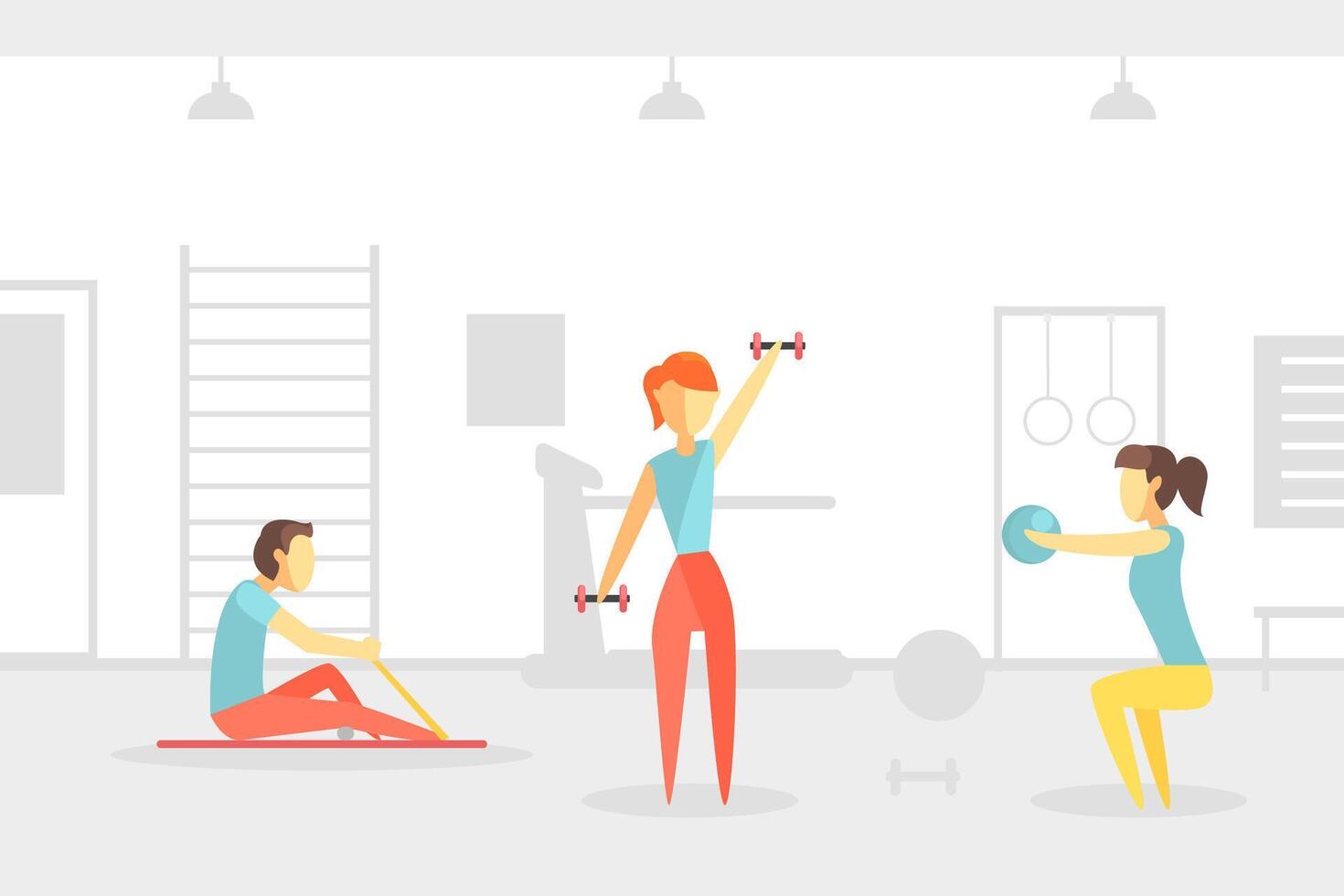 People Trainining in Physiotherapeutic Gym Class, Orthopedic Exercises for People after Injuries, Physical Training and Rehabilitation Illustration vector