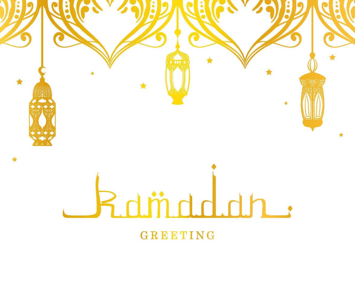 Ramadan Kareem Greeting Card Arabic with Calligraphy and Colden Traditional Lanterns Illustration vector