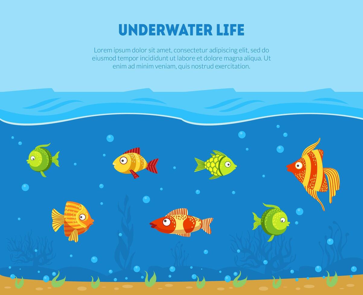Underwater Life Banner Template with Space for Text and Colorful Tropical Fishes Illustration vector